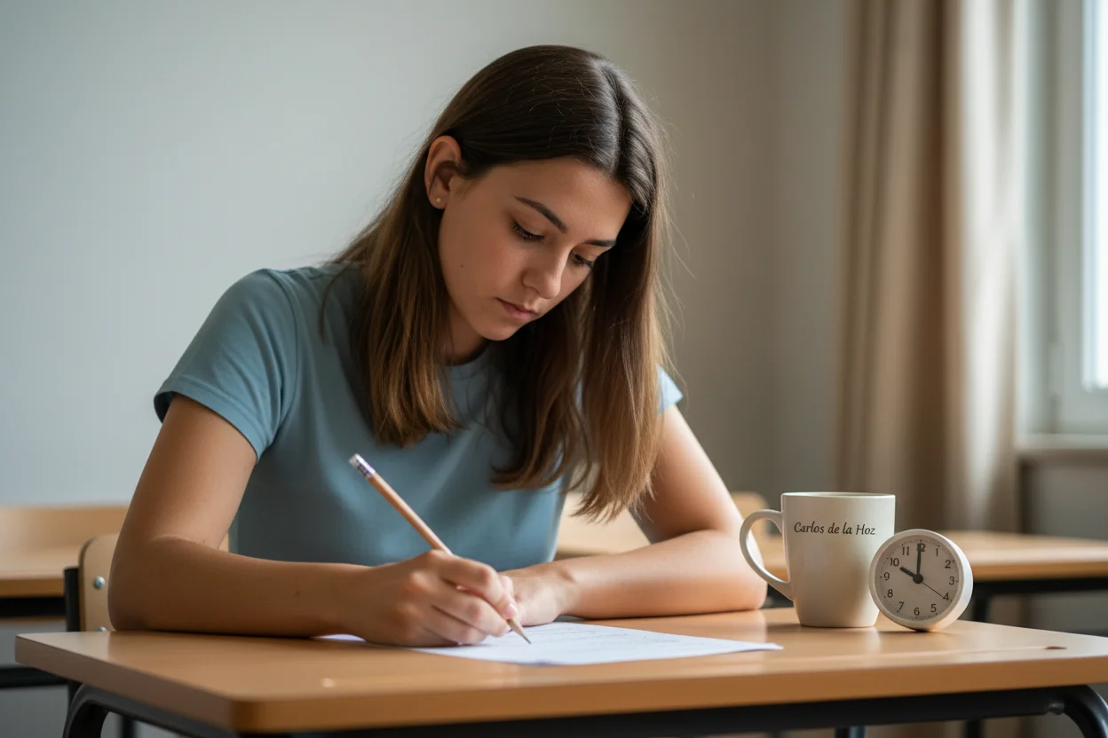 Estudante a resolver exames antigos de Biologia e Geologia com tempo cronometrado, treino para o Exame Nacional.