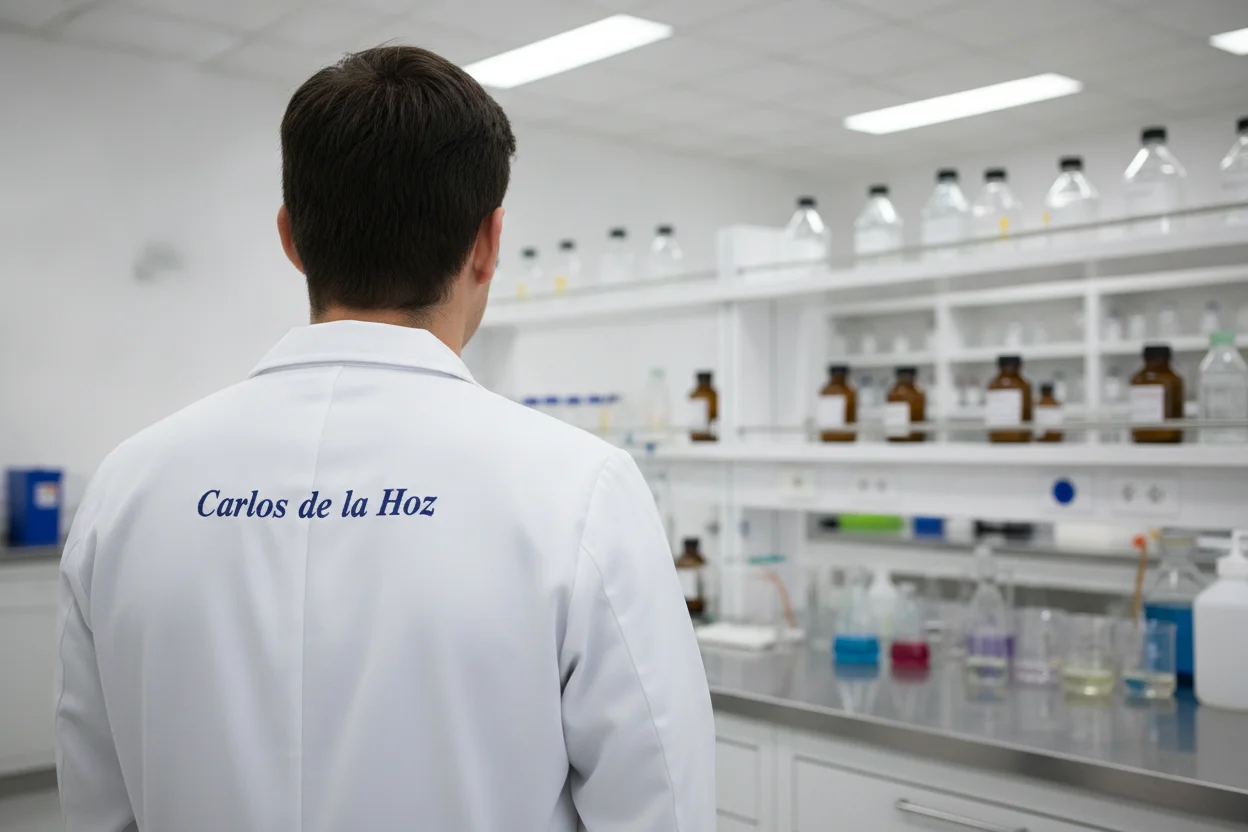 Estudiante con bata de espaldas en laboratorio de Farmacia