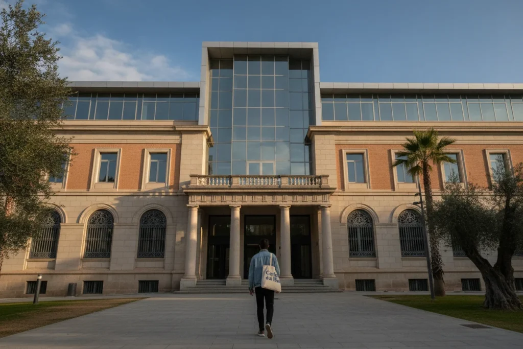 Fachada de una facultad de Farmacia española en un día despejado