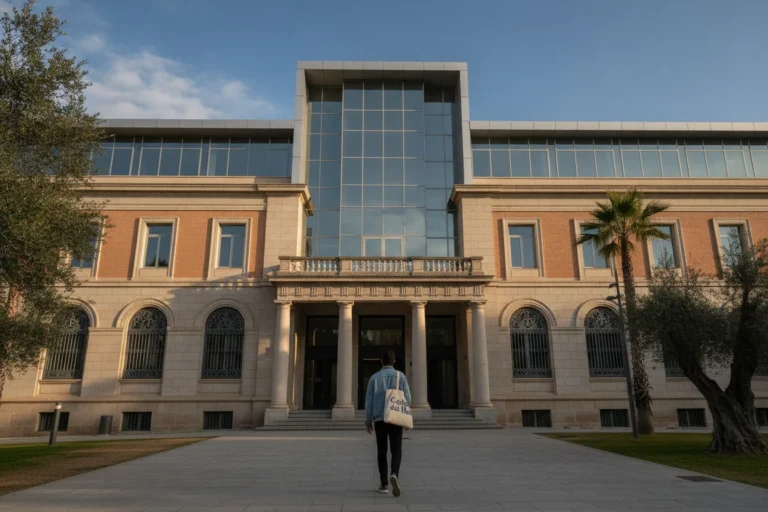 Fachada de una facultad de Farmacia española en un día despejado