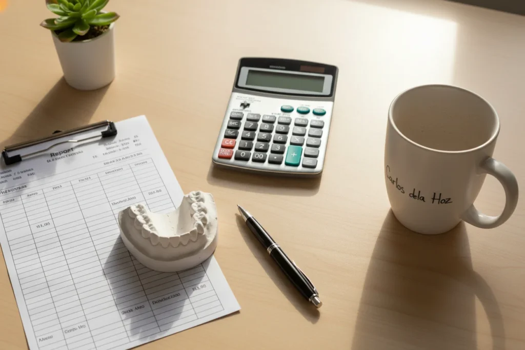 Vista cenital de mesa con boletín de notas, calculadora y modelo dental para estimar la nota de corte de Odontología 2026.