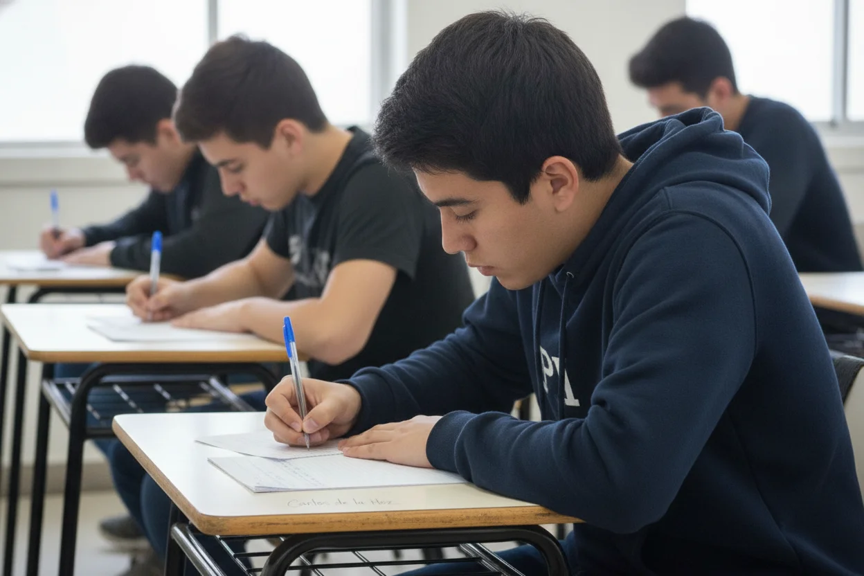 Estudantes a realizar uma prova de Biologia e Geologia numa sala de exame