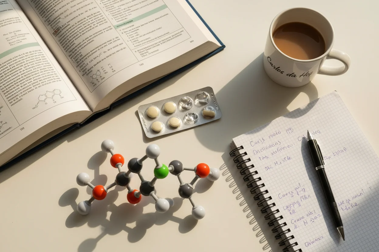 Libros de Química y Farmacología con un modelo molecular para estudiar la carrera de Farmacia.