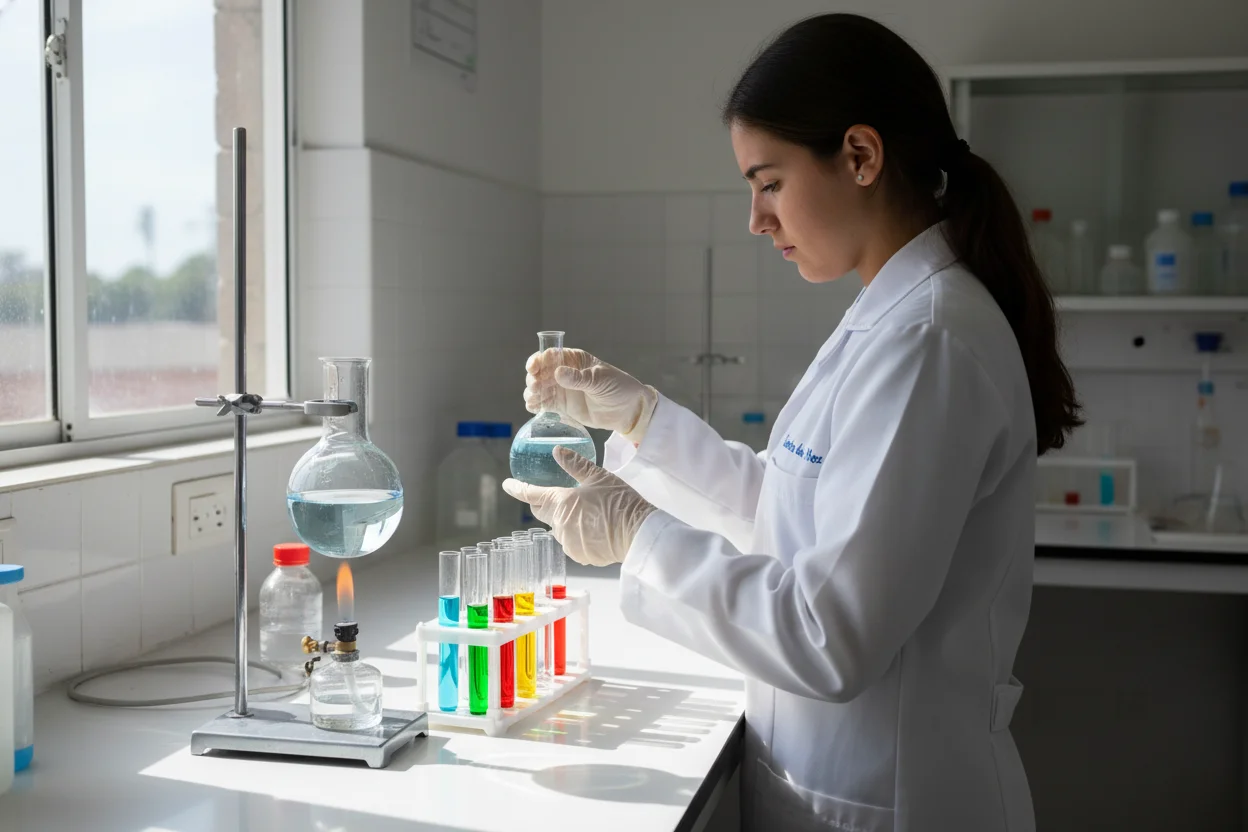 Estudiante en laboratorio de Química preparando la fase específica para subir nota y acceder a Odontología.
