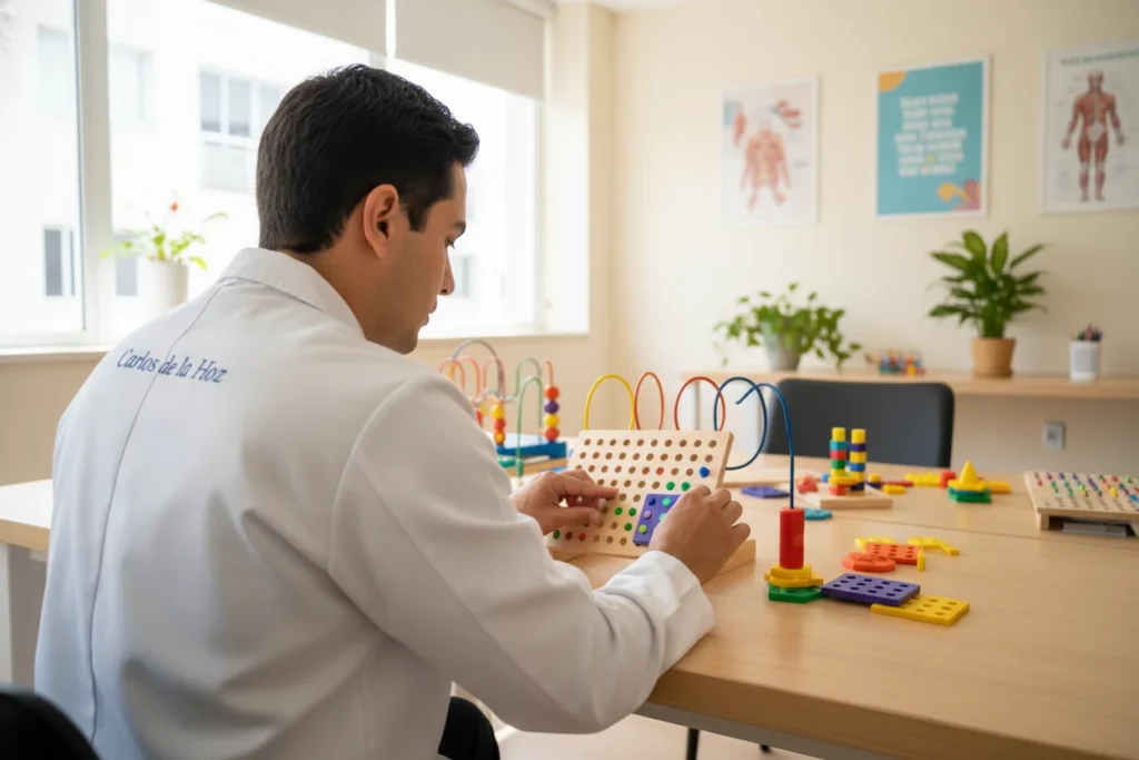 Sesión de Terapia Ocupacional trabajando la autonomía de un paciente con material de rehabilitación.