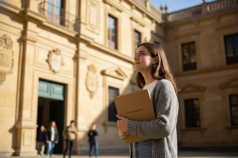 Estudante portuguesa diante da fachada de uma faculdade, uma das universidades de medicina na Europa