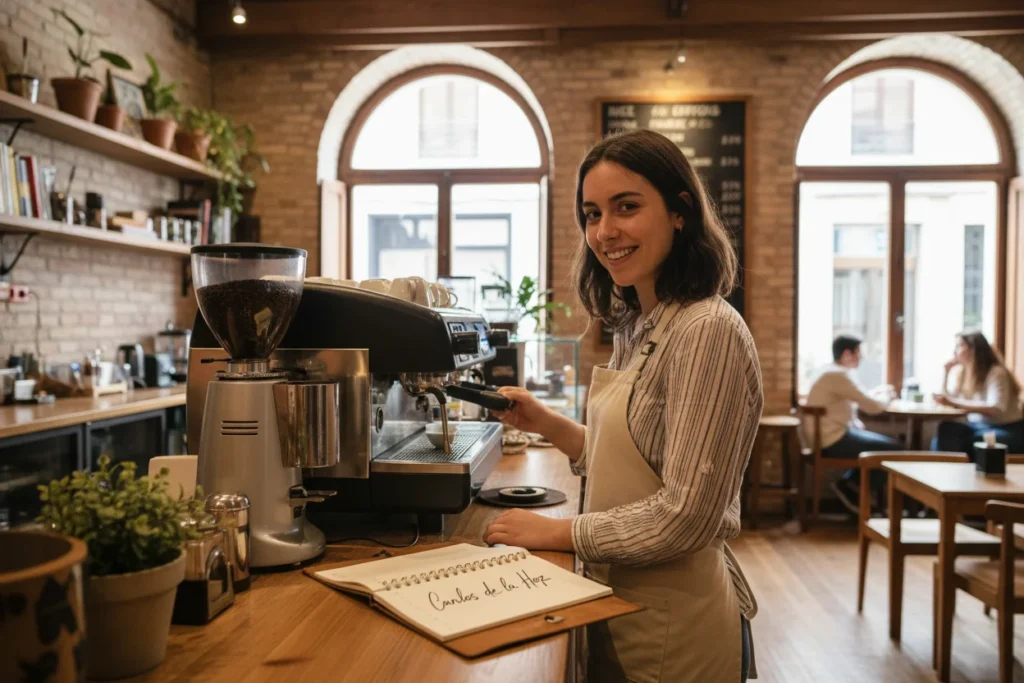 Estudante a trabalhar em part-time num café em Espanha, a conciliar emprego e estudos.