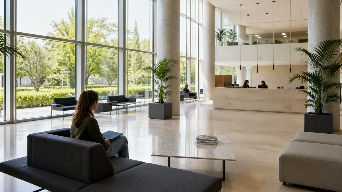 Joven espera con una carpeta en la recepción luminosa de una universidad privada valenciana
