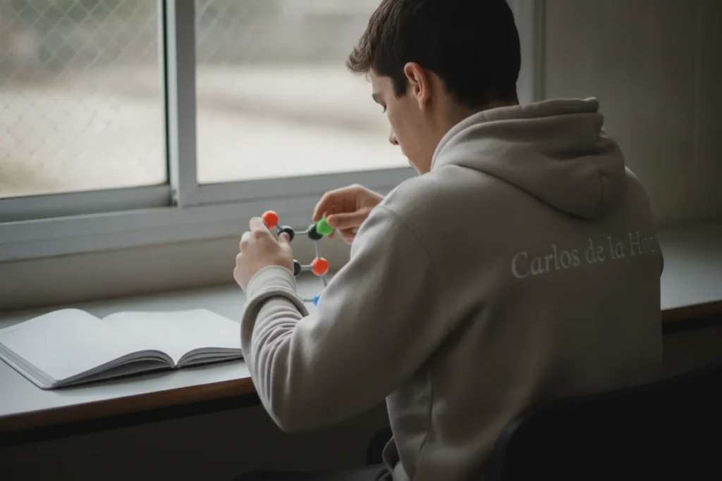 estudiante repasando el temario de biología 2º bachillerato con un modelo molecular sobre la mesa