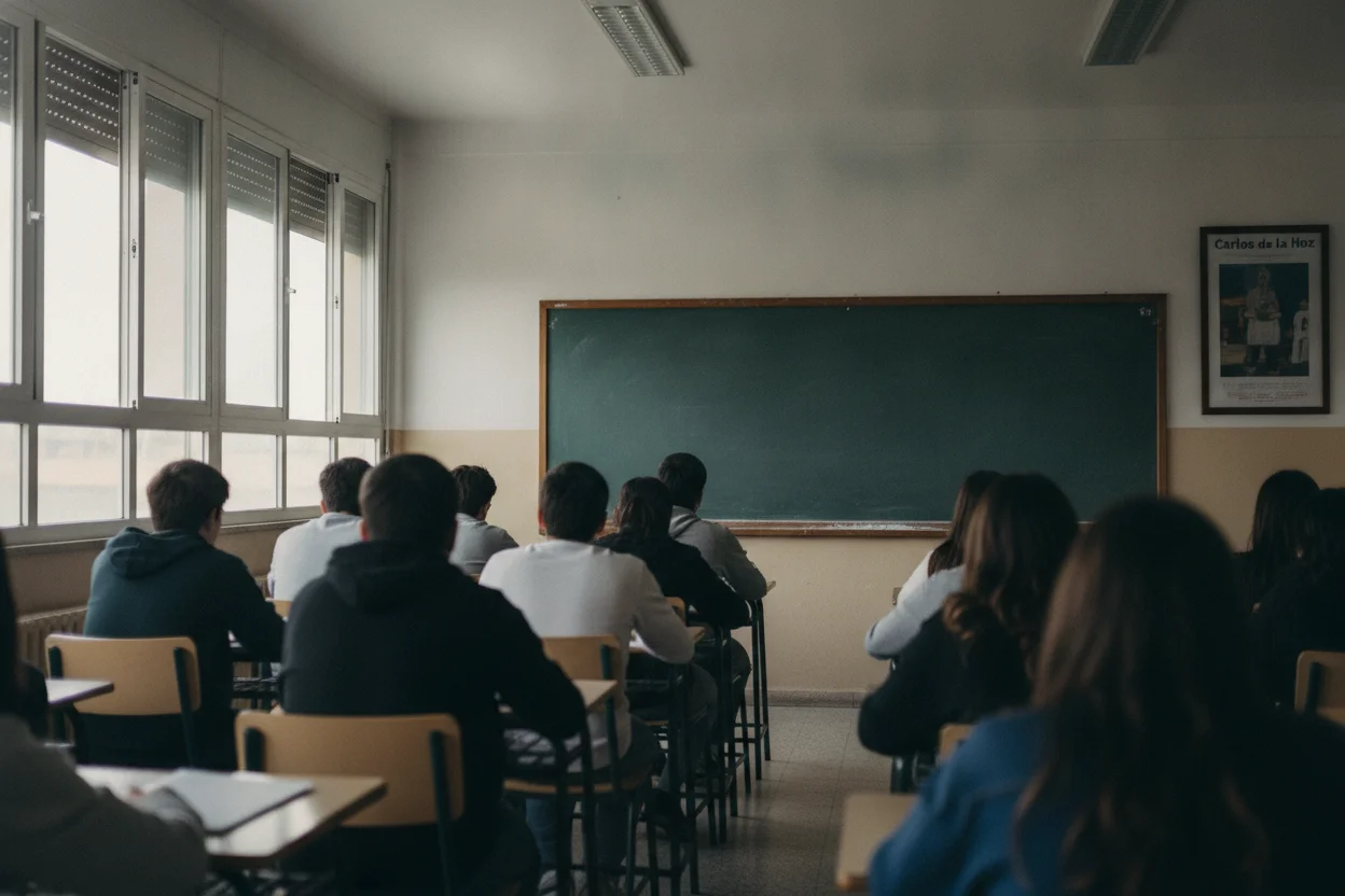 aula de bachillerato con alumnos atendiendo la explicación de los bloques de biología de la EBAU