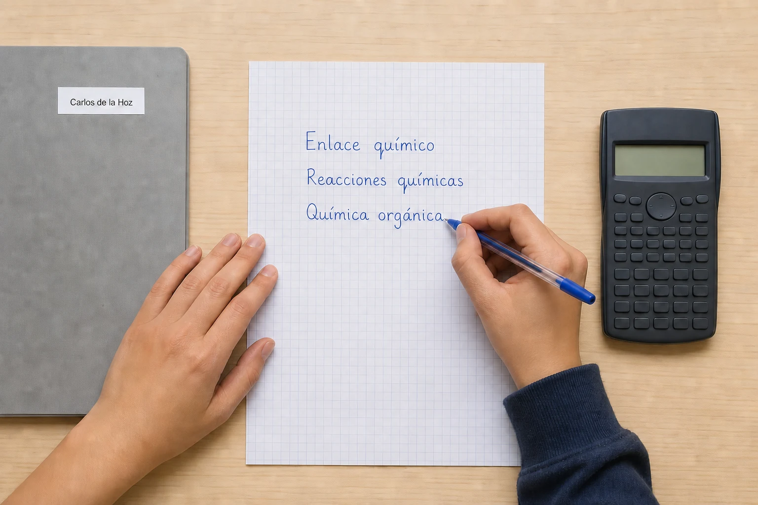Estudiante escribe a mano los tres bloques del temario de Química de 2.º de Bachillerato