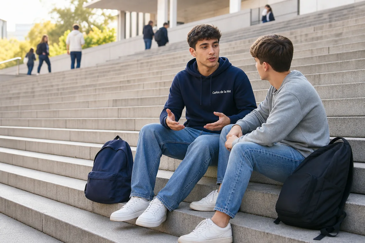 Dois estudantes conversam nas escadas da faculdade sobre os caminhos possíveis depois de não ficarem colocados