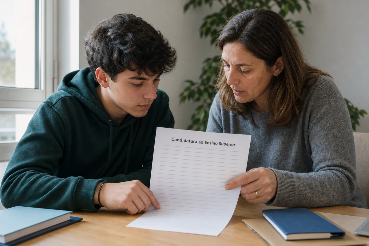 Estudante e familiar a preencher a candidatura ao ensino superior com as opções por ordem