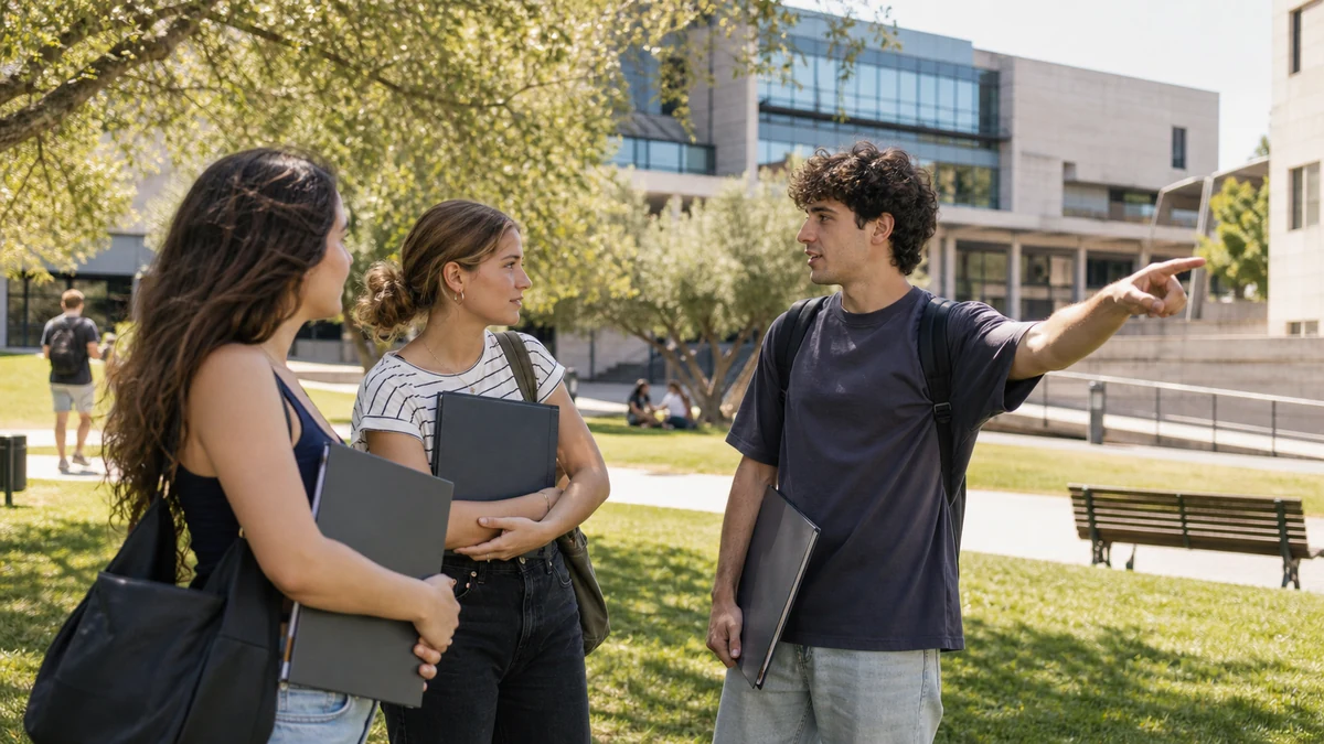 Tres estudiantes conversan sobre sus opciones universitarias en el césped de un campus