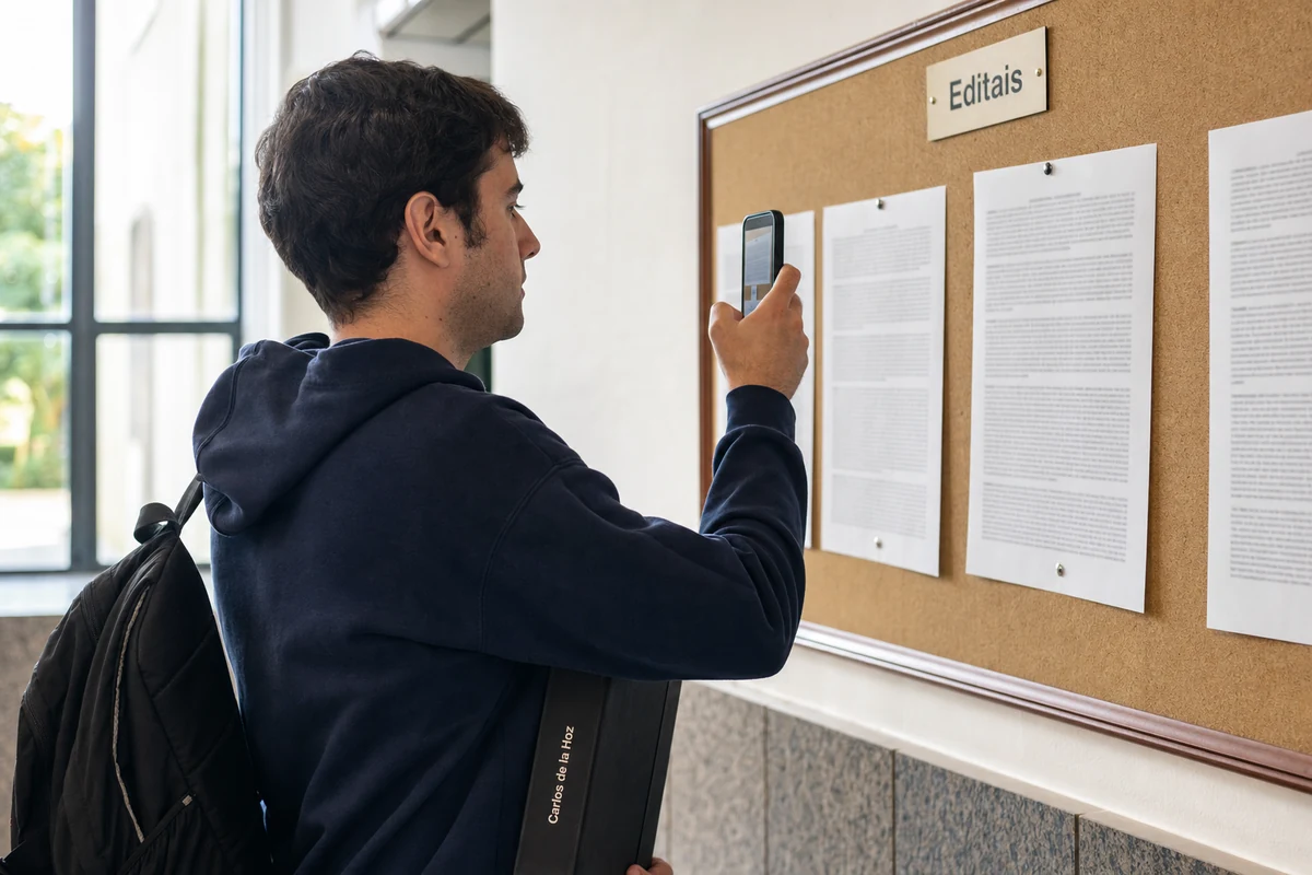 Estudante fotografa o painel de editais da faculdade para acompanhar os prazos da mudança de par instituição/curso