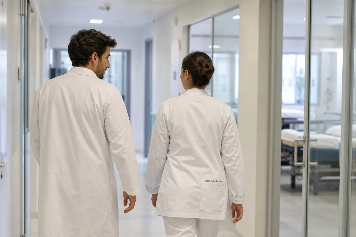 Dois estudantes de Enfermagem de costas num corredor de aulas práticas no Porto