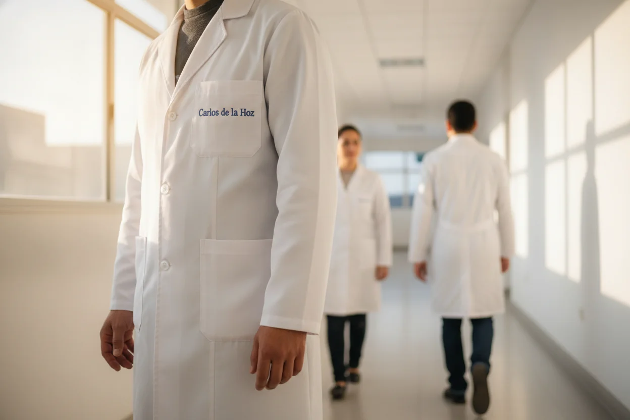 estudiantes de Medicina con bata blanca en el pasillo de un hospital universitario de Barcelona