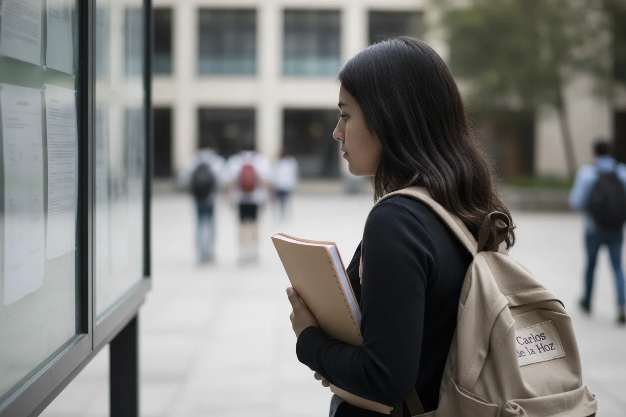 estudiante consultando el panel informativo del campus de una facultad de Medicina en Barcelona