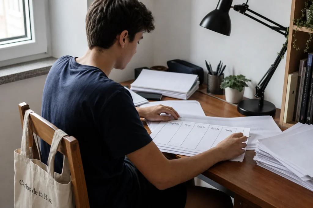 Estudante a organizar enunciados de exames nacionais anteriores e um cronograma semanal na mesa de estudo