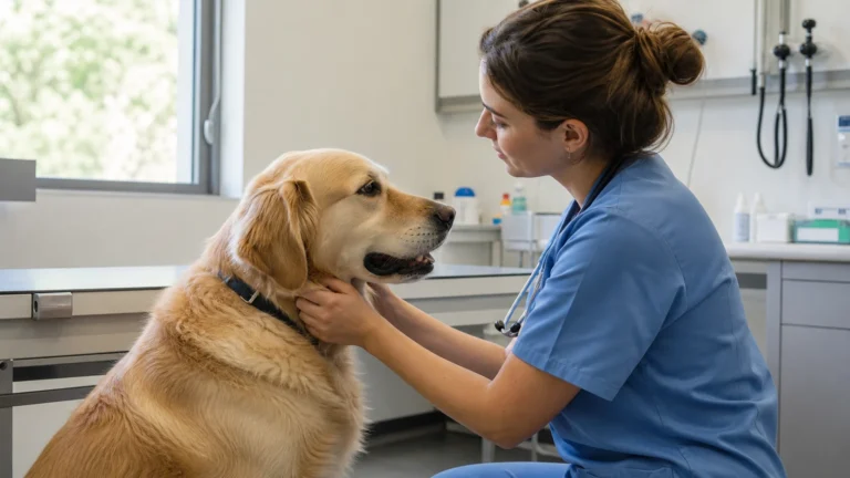 Estudiante de Veterinaria acaricia a un perro tranquilo durante una práctica en una consulta docente
