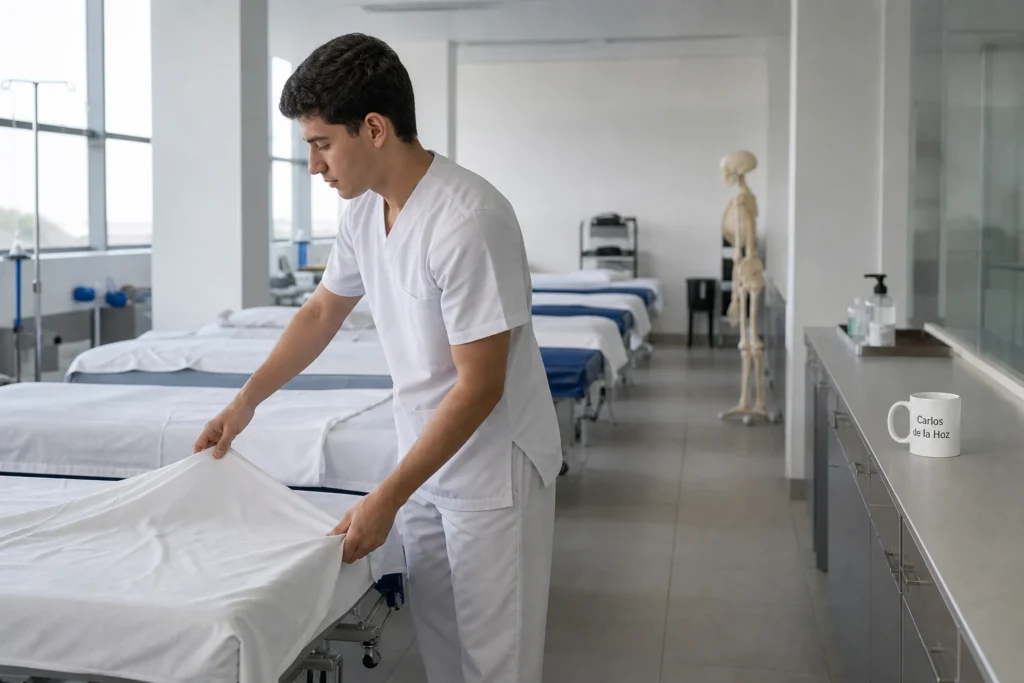 Estudante a preparar uma marquesa numa sala de práticas de Enfermagem em Coimbra