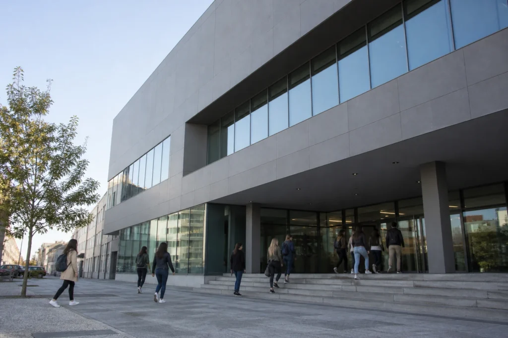 Fachada de uma escola superior de Enfermagem no Porto com estudantes a entrar de manhã