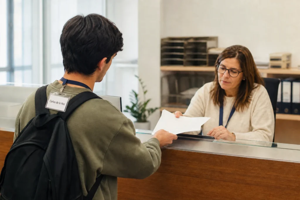 Estudante entrega o pedido de mudança de par instituição/curso nos serviços académicos de uma faculdade portuguesa