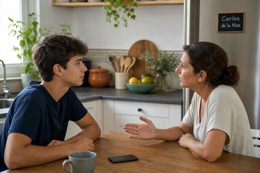 Estudante português e a mãe conversam na cozinha depois dos resultados da 1.ª fase do concurso nacional de acesso