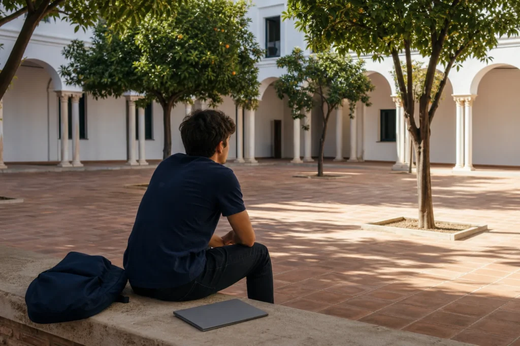 Estudiante en el patio de una universidad andaluza pensando en la nota de corte de Medicina