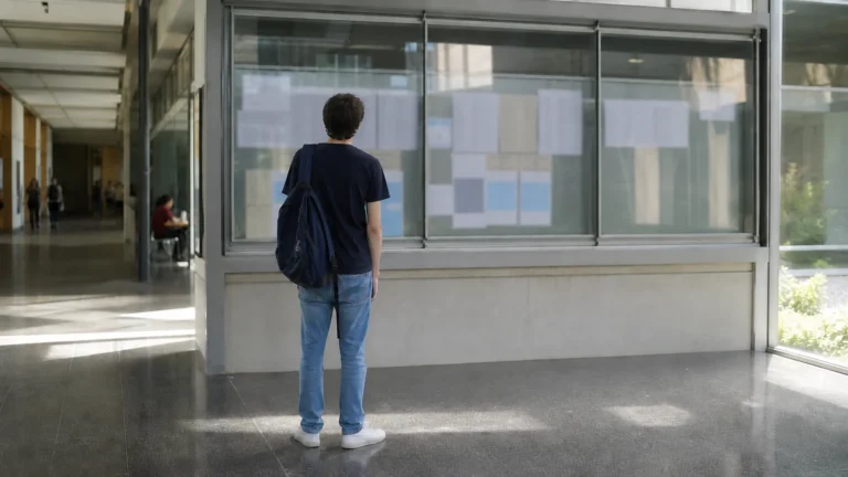 Estudiante de espaldas consulta el tablón acristalado en el hall de una facultad de ciencias