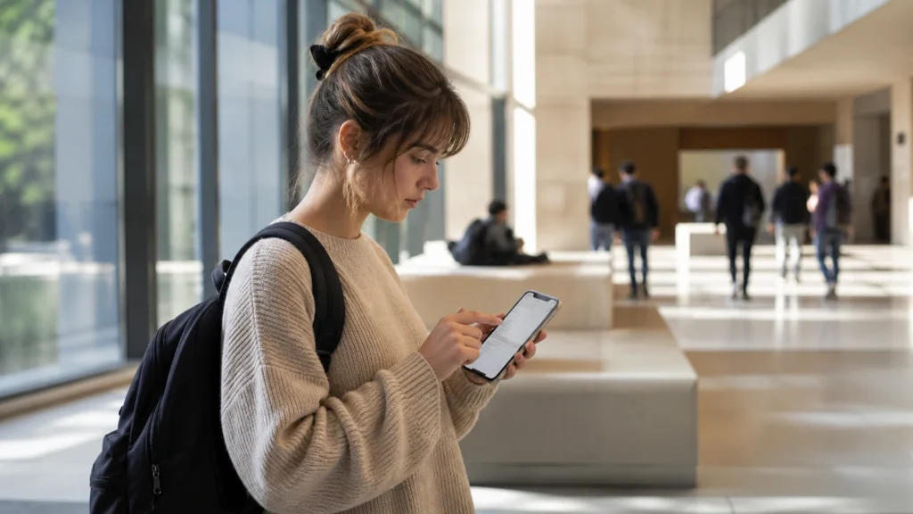 Estudiante compara universidades de Enfermería en Barcelona desde el móvil en el vestíbulo de un edificio universitario