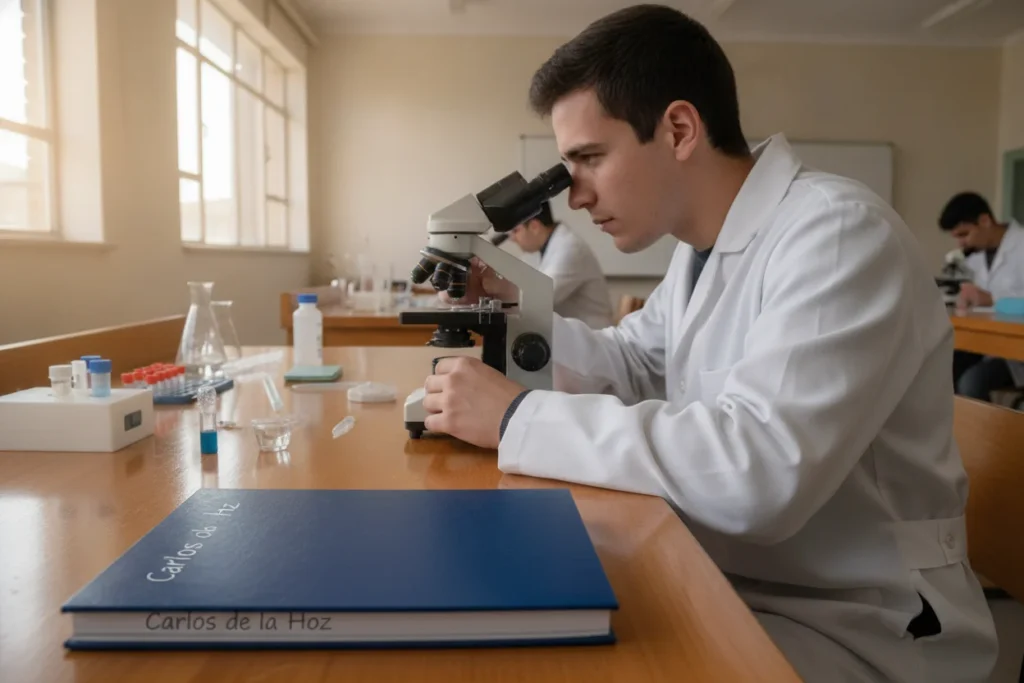 estudante de medicina veterinária a observar uma amostra ao microscópio numa aula prática