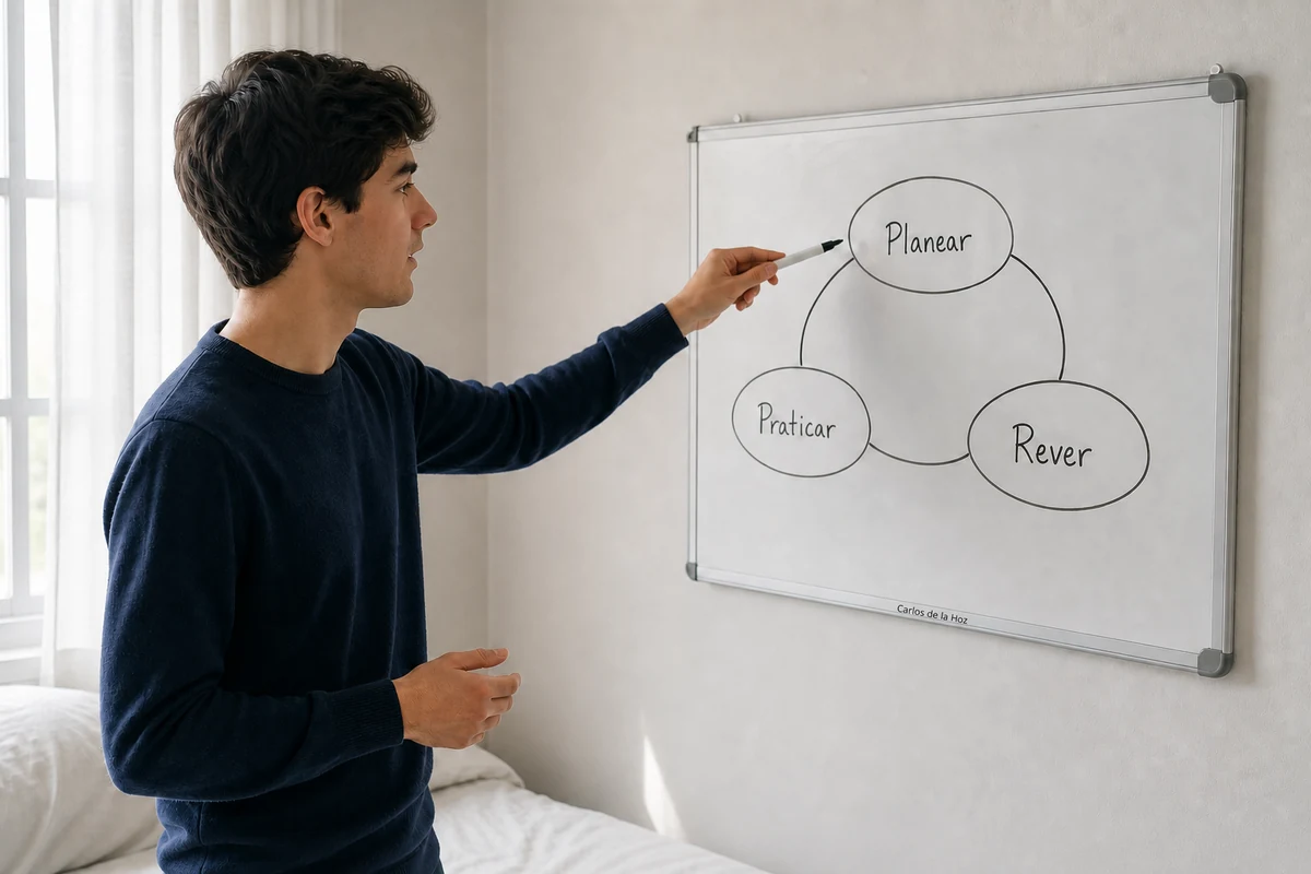 Estudante a explicar a matéria em voz alta diante de um quadro branco para preparar os exames nacionais