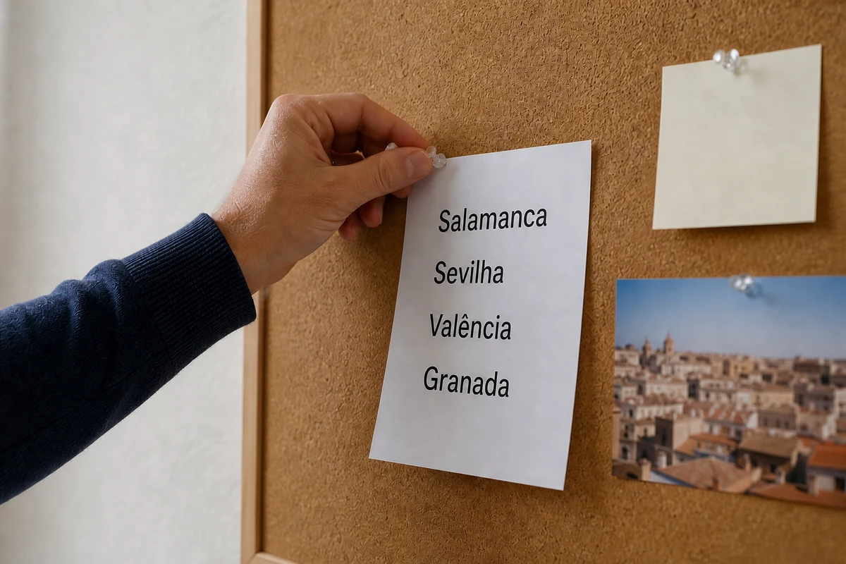 Folha com nomes de universidades espanholas presa num painel de cortiça depois dos exames nacionais