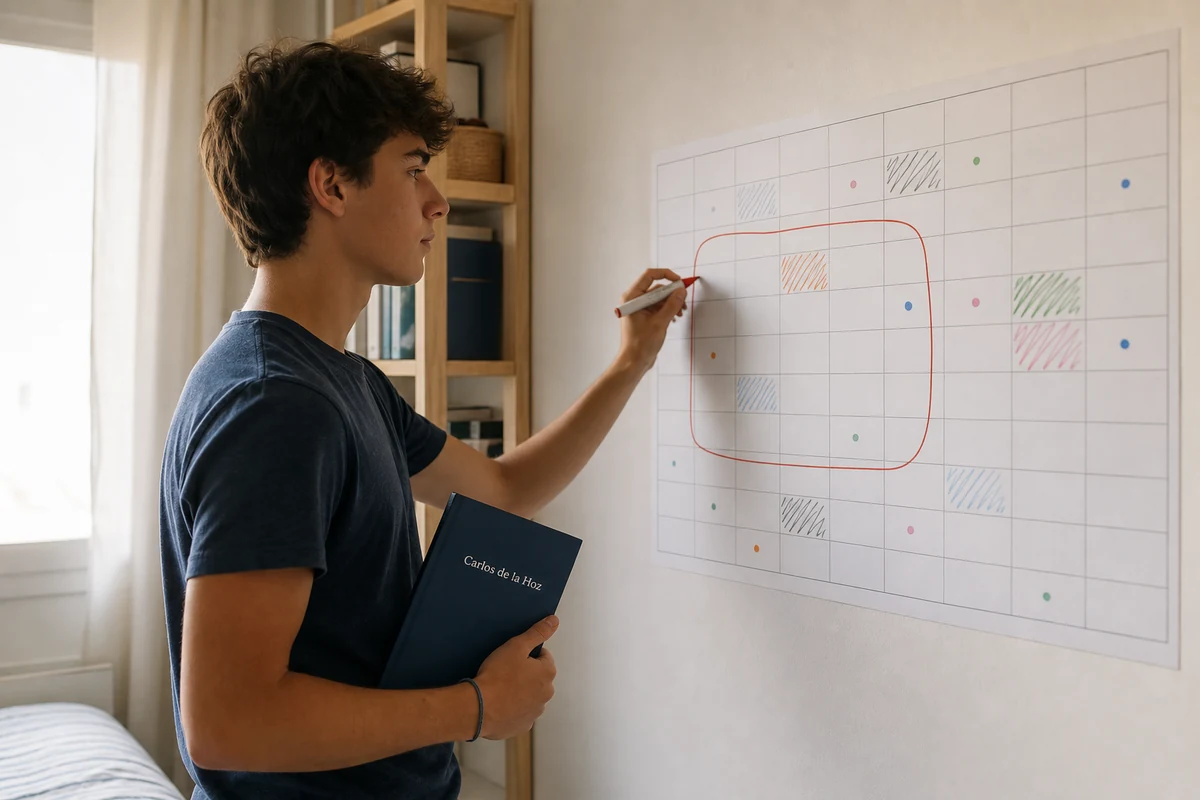 Estudante marca num calendário de parede o planeamento do próximo ano letivo para estudar em Espanha