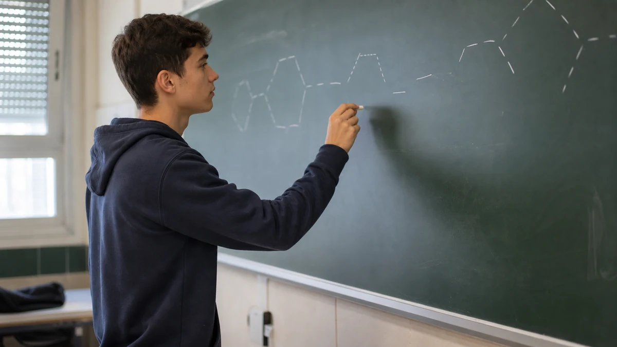 Alumno escribe con tiza una estructura química en la pizarra de un aula de bachillerato