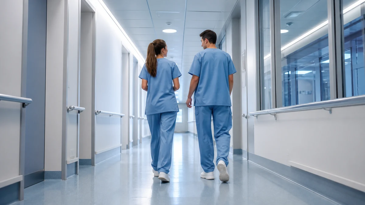 Dos estudiantes de Enfermería caminan por el pasillo de un hospital docente de Barcelona