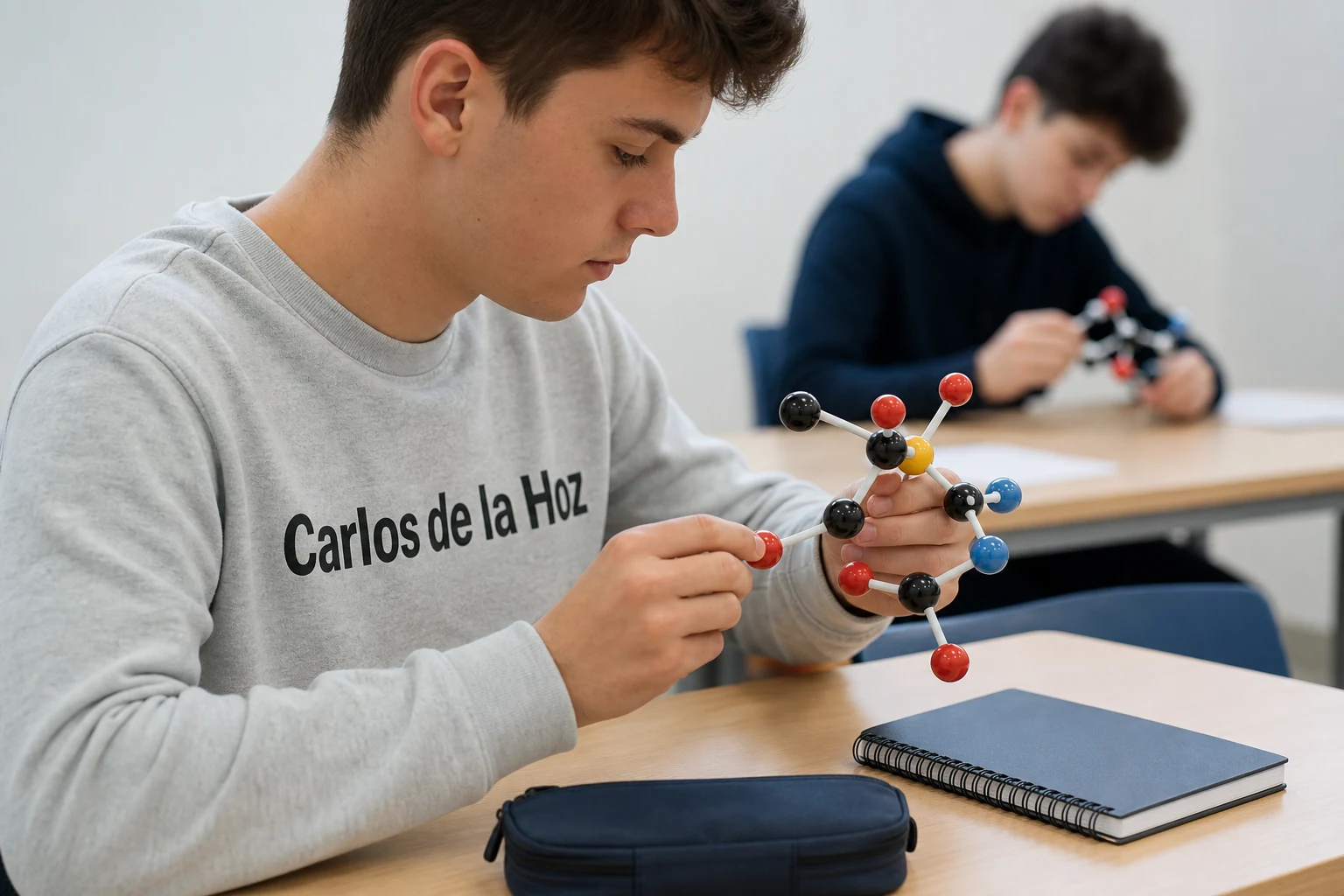 Estudiante de instituto monta un modelo molecular en la parte de Química orgánica del temario