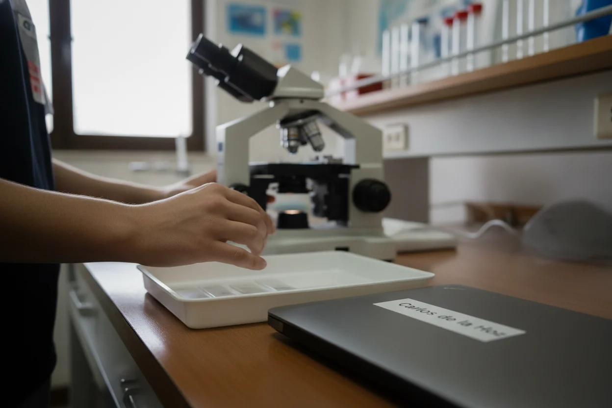 microscopio y preparaciones en el laboratorio de un instituto durante las prácticas de biología