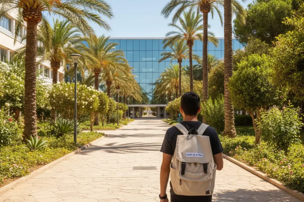 estudante a caminhar pelo campus da Universidade de Alicante entre palmeiras
