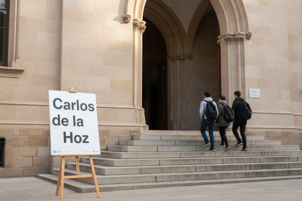 entrada de una facultad de las universidades de Medicina en Barcelona con estudiantes subiendo la escalinata