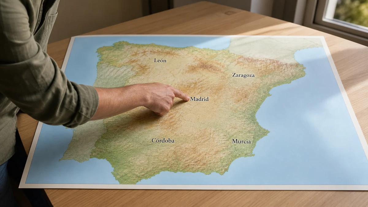 Una mano señala Madrid en un mapa de España con las ciudades que tienen Veterinaria en universidad pública