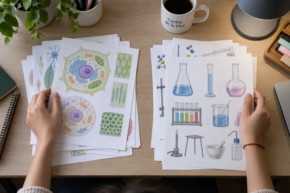 Manos separan apuntes ilustrados de Biología y Química sobre una mesa de estudio, junto a una taza de cerámica