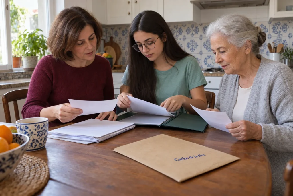 Família portuguesa organiza os certificados para pedir a credencial UNEDasiss numa cozinha