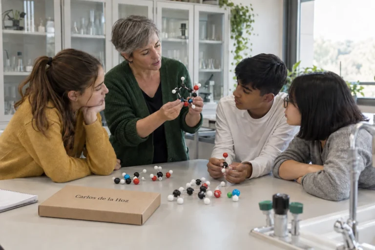 Profesora y tres alumnos de Bachillerato observan un modelo molecular de bolas y varillas en un laboratorio escolar mientras repasan las ponderaciones PAU