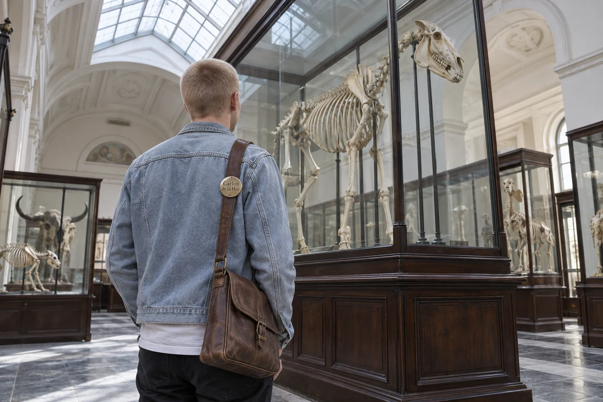 Un estudiante observa el esqueleto de un caballo en una vitrina de la sala de anatomía comparada