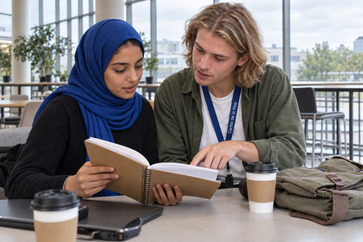 Dois estudantes comparam apontamentos na cafetaria do campus