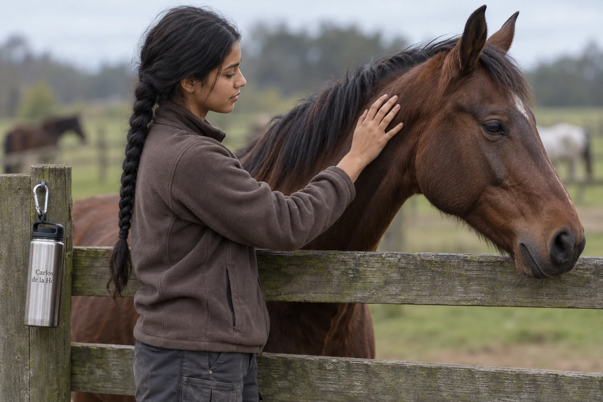 Una estudiante de Veterinaria acaricia a un caballo junto a la valla de la granja docente de la facultad