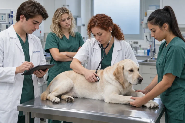 Una veterinaria docente y tres estudiantes con pijama de prácticas examinan a un labrador en un hospital clínico, un grado con nota de corte de Veterinaria alta