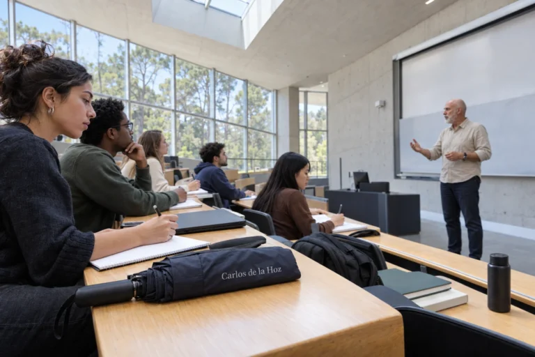 Aula da Universidade Autónoma de Barcelona com professor e estudantes de ciências da saúde